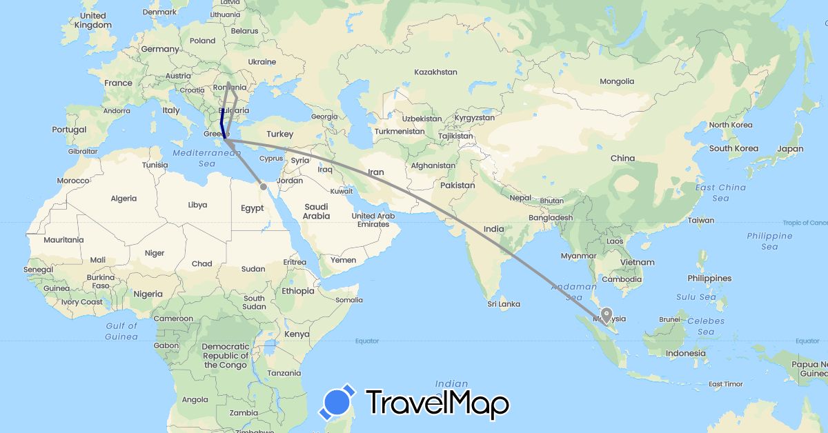 TravelMap itinerary: driving, plane in Bulgaria, Egypt, Greece, Malaysia, Romania (Africa, Asia, Europe)