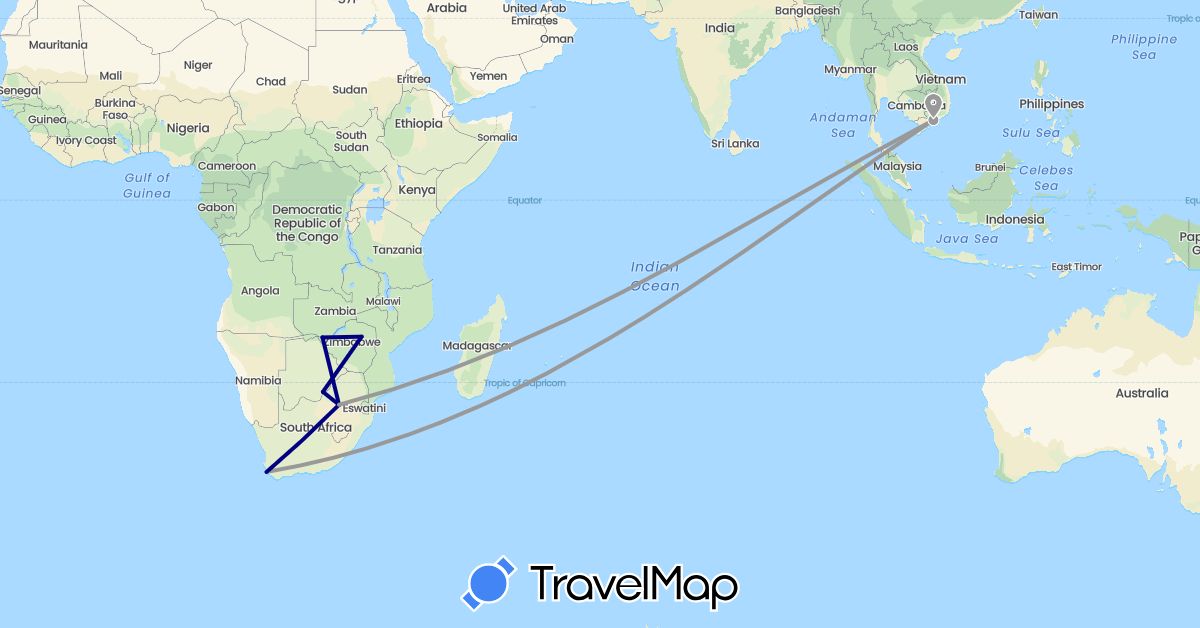 TravelMap itinerary: driving, plane in Botswana, Vietnam, South Africa, Zambia, Zimbabwe (Africa, Asia)